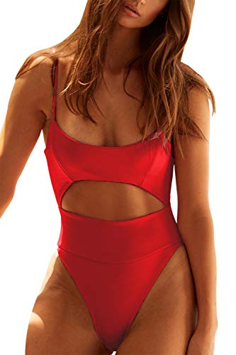 QINSEN Ladies Summer Sexy Swimwear Strappy High Waist Hollow Out One Piece Bandage Bathing Suit M Red