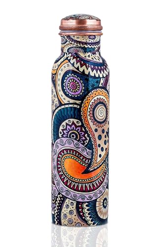 Image of Craft Trade Pure Copper Water Bottle 32 oz / 950ml with Traditional Paisley Ethnic Print | Leak Proof Ayurvedic Healing Copper Flask for Sports, Fitness & Gifting