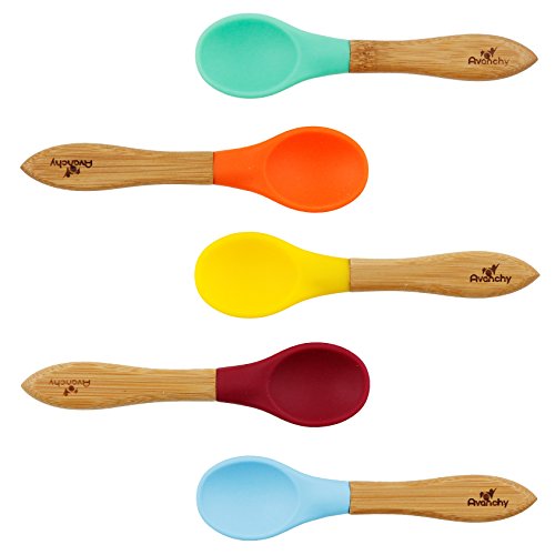Avanchy Baby Spoons, Silicone Baby Spoons for Self Feeding, Toddler & Infant Spoons 4+ Months, Baby Led Weaning Utensils, Soft Tip Feeding Spoons, BPA Free Bamboo Handle, 5 Pack Blue