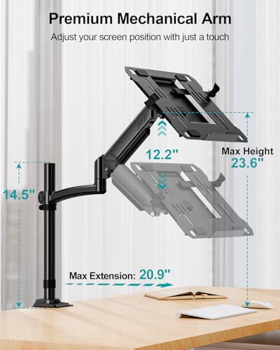 Image of MOUNT PRO Laptop Arm Desk Mount, Single Monitor Stand with VESA Laptop Tray, Adjustable Lap Top Holder for Max 22lbs 17 inch Notebook & 32 inch Computer Screen, Swivel Notebook Bracket, Clamp on /Grommet Base