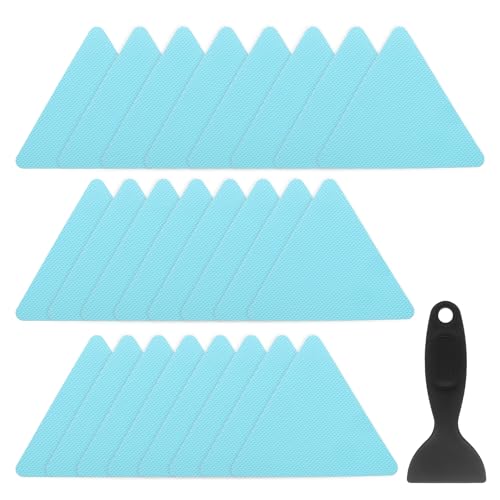 QUARKZMAN 24 Piezas de Pegatinas Antideslizantes para Bañera Ducha Piso 4 Cinta Adhesiva Antideslizante Estilo Triángulo con Raspador para Baño Cocina Escalones de Bañera, Azul