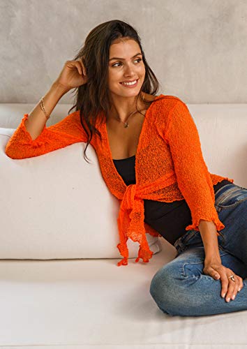 Shu-Shi Womens Sheer Shrug Tie Top Cardigan Lightweight Knit One Size 2-12 (One Size, Sunset Orange) #TOP6
