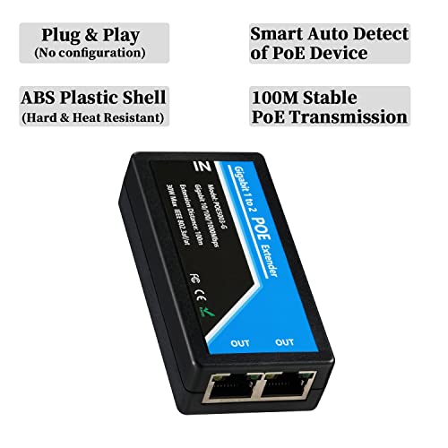 Image of Revotech Gigabit 2 Port POE Extender, IEEE 802.3af /at PoE+ Standard, 10,100,1000Mbps, POE Repeater 100 Meters(328 ft), Extender 1 in 2 Out, Power Supply for PoE Camera /PoE Device (POE5003-G)