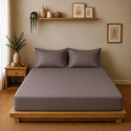 Image of Linen Home Cotton Percale Fitted Bedsheet Set King Size Charcoal