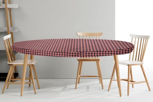 Image of The Furnishing Tree Elastic Oval Dining Table Cover WxL 35x63 in Inches Polyester Checkered Pattern Beige