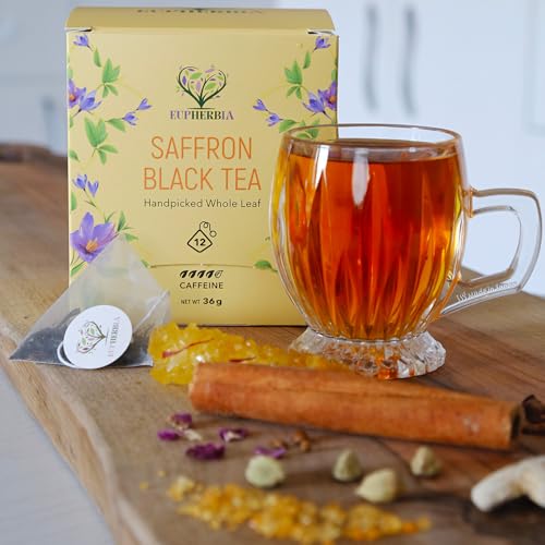 Eupherbia Saffron Black Tea, Handpicked, Highland Grown Whole Leaf Tea, Enriched with Premium Saffron Threads, Brisk, Earthy, Aromatic, Individually Wrapped Tea Sachets (Pack of 12) (2 Pack)