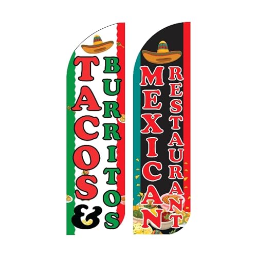 OnPoint Wares Mexican Restaurant Tacos Burritos King Flags – 2 Pack | 3 ft x 11.5 ft Outdoor Advertising Feather Flags | Weatherproof Polyester Business Signs (Hardware Not Included)