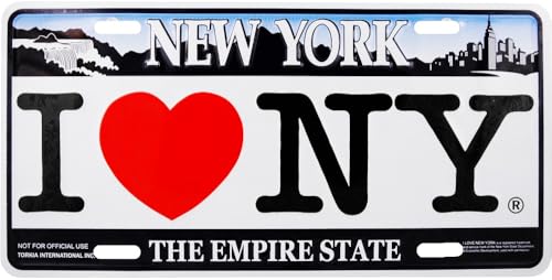 Artisan Owl I Love New York The Empire State Souvenir License Plate – Heavy Duty Rust-Resistant Aluminum Car Tag, Ideal for Home Decor or Gift (Blue/White)