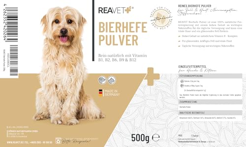 ReaVET Bierhefe Pulver für Hunde & Katzen – Reines Naturprodukt für glänzendes Fell & Vitale Haut – Reich an Biotin, B-Vitaminen, Natürliche Unterstützung bei Fellwechsel & stumpfem Fell I 500g