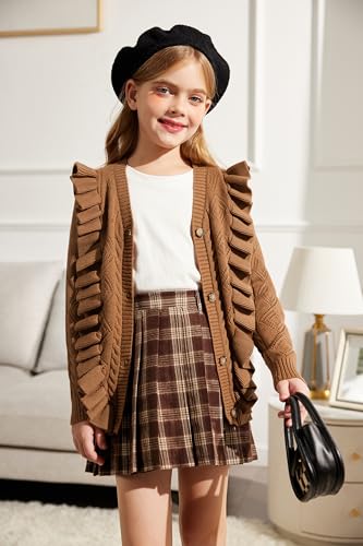 Image of Arshiner Girls Cardigan Sweaters Ruffle School Uniform Sweater V Neck Button Front Outerwear 4-13 Years