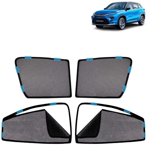 Image of KINGSWAY Car Sun Shade Curtains Only Compatible with Toyota Urban Cruiser Hyryder (2022 Onwards) | Front Window in Half Cut and Rear in Zipper (Magnetic) | UV & Heat Protection | Pack of 4 Pcs