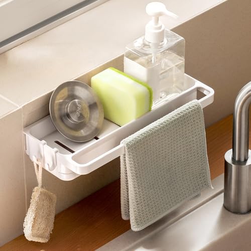 BINYI Organizador Fregadero Kitchen Sink Organizer Organizadores de Cocina Porta Estropajos Organizador Accesorios Fregadero Cocina con Ganchos y Soporte de Bayeta Estropajo para Esponja Cepillos