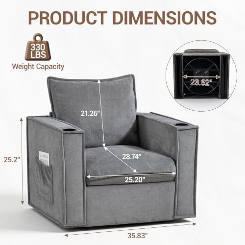 Image of 32 inch Wide Swivel Accent Chair with Cup Holders, Grey | Comfy Armchair, Side Pockets, Modern Chenille Sofa Couch, Living Room, Bedroom, Corner