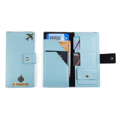 Image of AICA Personalized Name & Charm Long Leather Wallet Passport Cover (Babyblue) with Passport, Boarding Pass, Currency, Card Slot & Coin Holder for Men & Women| Gifts for Woman| Gift for Man|Diwali Gifts