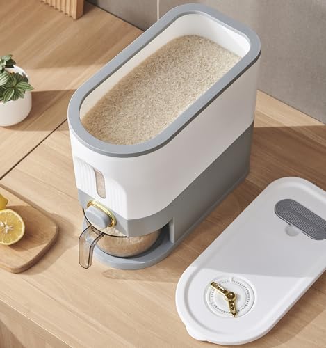 Sooyee 11 Lbs Rice Container, Large Grain Container Storage with Lid Measuring Cylinder Moisture Proof Household Cereal Dispenser Bucket for Kitchen Soybean Corn,White and Grey