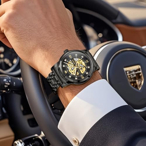 Image of OLEVS Mens Automatic Watch Skeleton Diamond Luxury Mechanical Self Winding Dress Wrist Watch Waterproof Luminous