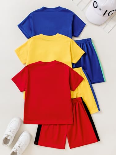 Plardeer Boys' 6PC Active Shorts Set T-Shirt Tee and Quick Drying Shorts Summer Athletic Sets Blue Yellow Red 11-12Y