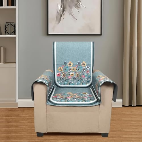 Image of Velvet Single Seater Sofa Cover with 2 Seat and Back Covers, 2 Hand Rest Covers - Floral Design - Washable Fabric - Stylish Sofa Cover for Modern Living Room (Green, 1 Seater With Arm Cover)