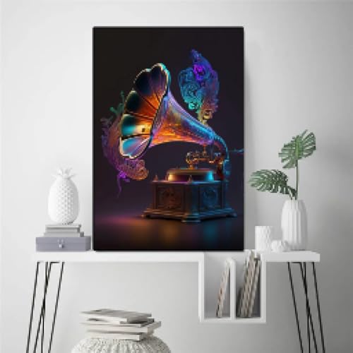 Peinture art mural moderne gramophone aquarelle pour créer un salon cosy et vintage