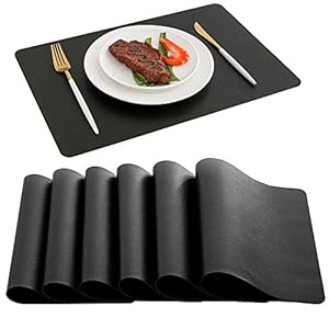 DOLOPL Placemats Set of 6, Black Waterproof Faux Leather Heat Resistant Mats for Kitchen Dining Room Table Decorations, Wipeable Table Place Mats for Indoor & Outdoor Use