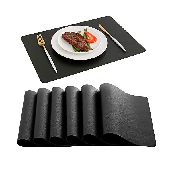 DOLOPL Placemats Set of 6, Black Waterproof Faux Leather Heat Resistant Mats for Kitchen Dining Room Table Decorations, Wipeable Table Place Mats for Indoor & Outdoor Use