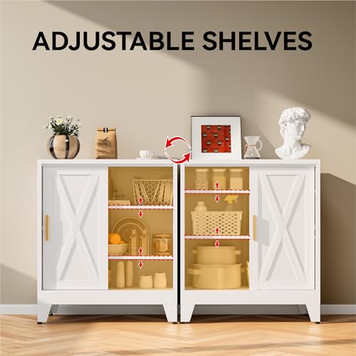 Image of COFaR White 37 inch H Sliding Door Storage Cabinet, Half Open Half Closed Design, 3-Tier Kitchen Organizer with Adjustable Shelves, 150 lbs Top, Metal Coffee Bar & Buffet Sideboard for Dining Room