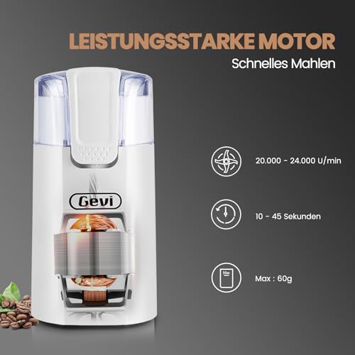 Gevi Kaffeemühle, schnelles Mahlen, einstellbarer Mahlgrad, Bohnenmesser aus Edelstahl, Sicherheitsabdeckung, Anti-Rutsch-Füße,weiß – Bild 2