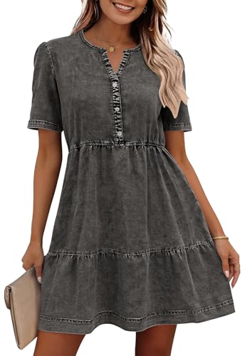 ANCAPELION Sommerkleid Damen Jeanskleid für Damen Button Down Strandkleid A-Linie Kleid Casual Minikleid Kurzarm Babydoll-Kleid Dunkelgrau M