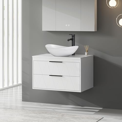 eclife 30" Floating Bathroom Vanities with Sink Combo, Wall Mounted Modern Cabinet W/Diamond Line Pattern Design, White Boat Ceramic Vessel Sink W/Water Save Faucet & Pop Up Drain, White