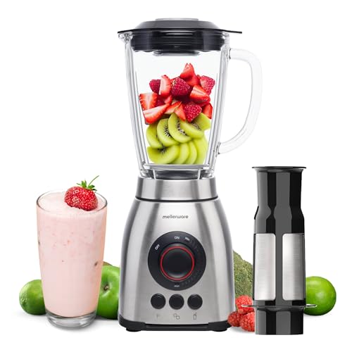 Mellerware - Batidora de Vaso con Filtro Mixy Plus! 2000W | 3 Velocidades + TURBO | Jarra de Vidrio 1.8L | Cuchillas 6 Hojas | Rompehielos | Licuado sin Grumos | Acero INOX | Apto para Lavavajillas