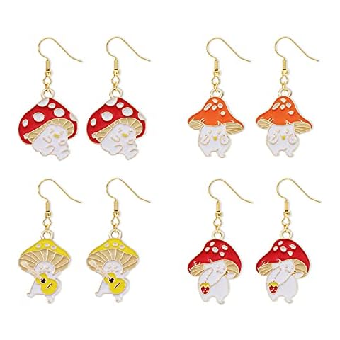 T-ztoss 4 Pairs Gold Fashion Woman Sweet Fresh Handmade Mushroom Drop Dangle earring Chic Charm Colorful Drop Oil Mushroom Food Earrings Cute Funny Plant Shape Ear Pendant Fashion Jewelry Gifts for Women(4 Pairs) Cover