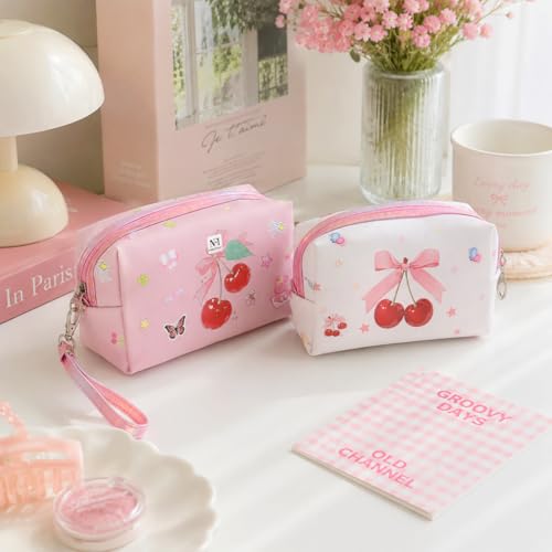 Image of NFI essentials Pack of 2 Cherry Print Makeup Pouch for Women & Girls, Multipurpose Cosmetic Organizer Bag with Wrist Strap & Zipper Closure, Portable Toiletry Travel Pouch for Makeup, Skincare
