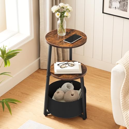 HOOBRO Round Side Table, 3 Tier Bedside Table with Storage Shelves, Accent Small Corner Table Compact Sofa Side Tables for Limited Space in Living Room, Bedroom Rustic Brown EBFB169BZ01 - Image 2
