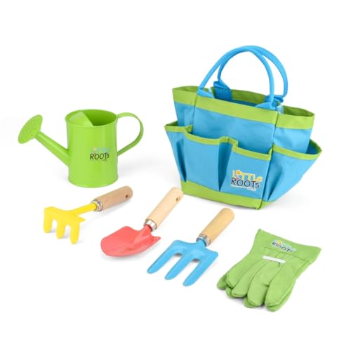 Toyrific Little Roots Kids Gardening Tool Kit Bag Garden Toy Tool Box with Sprayer Gloves Trowel Watering Can and Storage Bag Garden Tools for Children