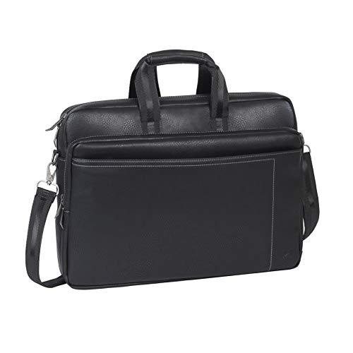 RIVACASE Notebooktasche für Laptops bis 16 Zoll – Stilvolle Kunstleder Schultertasche mit gepolsterten Seiten & Trolley Strap für einen Rollkoffer/ 8940 Schwarz