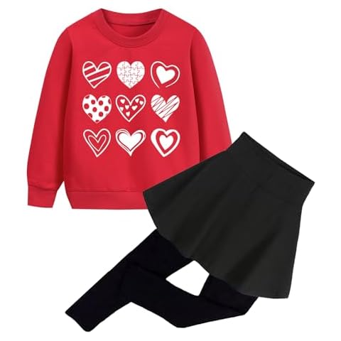 DDSOL Girls Valentine's Day Outfits 2 Piece Little Girls Heart Print Clothing Set Long Sleeve Sweatshirt Top + Long Pantskirt 8-9 Years Cover