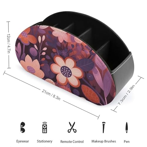 Support de télécommande motif floral violet foncé 5 compartiments en cuir