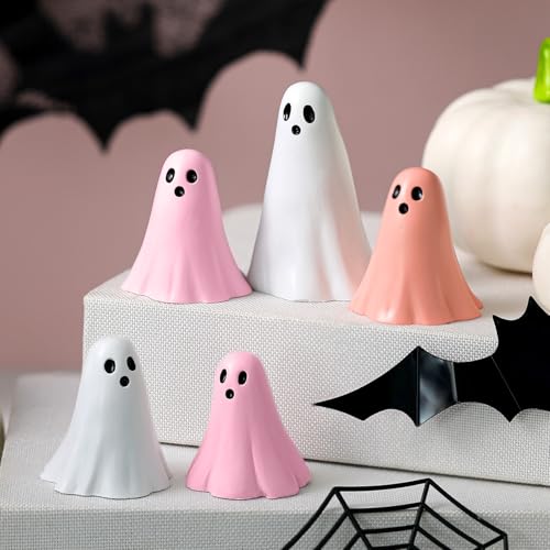 Amyhill 5 Pcs Halloween Ghost Figurines Resin Sculpture Decor, Cute, Pink