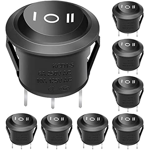 Taiss/8Pcs Round Rocker Toggle Switch Black AC 250V/10A 125V/12A ON/Off/ON 3 Pin 3 Position SPDT Latching KCD1-5-103-BK Cover