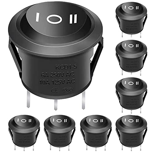 Taiss/8Pcs Round Rocker Toggle Switch Black AC 250V/10A 125V/12A ON/OFF/ON 3 Pin 3 Position SPDT Latching KCD1-5-103-BK
