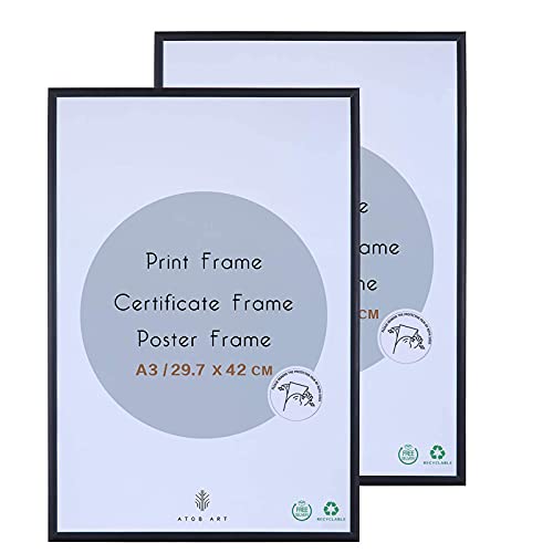 ATOBART Cadre de certificat A3 - Cadre photo en aluminium noir avec façade en verre plexiglass, cadre photo 29,7 x 42 cm pour montage mural, lot de 2