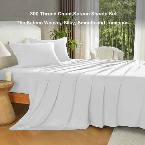 Image of Andency Sateen Sheets Set, 100% Viscose Derived from Bamboo, Hotel Luxury Silky & Cooling for Hot Sleepers, Deep Pocket Up to 16 inch, White Queen