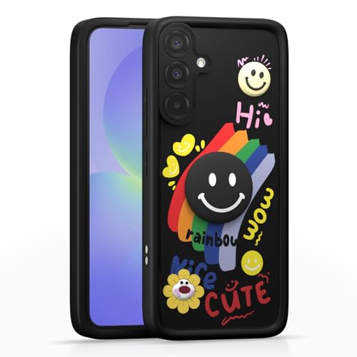 Image of Pikkme Back Cover for Samsung Galaxy A36 5G | Soft Silicone| Cute Rainbow Smile & 3D Cartoon Flower Design | Shockproof Raised Camera Protection Bumper Case (Black)