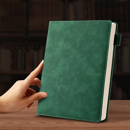 Image of Hongmeru A5 Lined Notebook - PU Leather Hardback Notepad with Pen Loop & Ribbon, 100GSM Thick Paper, 200 Pages (100 Sheets) for Journaling, Planning, Office & School Use - Green