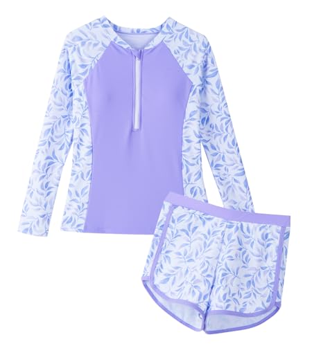 Image of Happy Cherry Girls Two Piece Rash Guard Swimsuit Floral UPF 50+ Swim Set Summer Beach Swimwear 8-12T