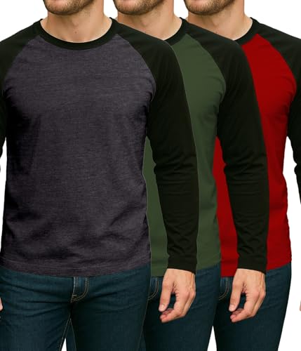 Decrum Mens Raglan Shirt Pack of 3 - Casual Multipack Long Sleeve Shirts for Men Baseball Tee