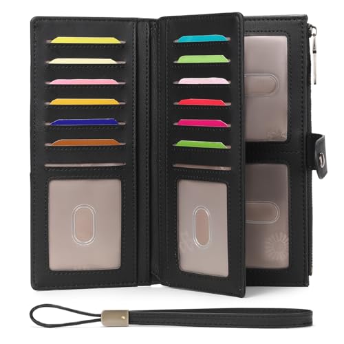 GAEKEAO Wallets for Women Leather RFID Blocking Large Capacity Card Case Ladies Wristlet Clutch Wallets Zipper Pocket with 4 ID Windows 20 Card Slots