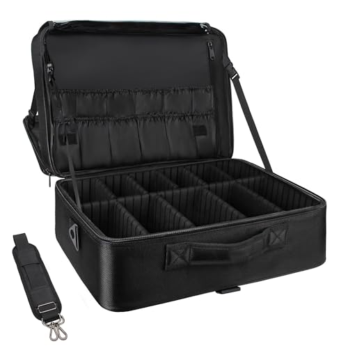 Twofold Extra Large Makeup Bag Organiser Professional Makeup Bag Large Makeup Case with Adjustable Dividers, Adjustable Angle Fixed Belt and Shoulder Strap Black