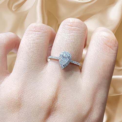 Aojun 14K Gold Vermeil S925 Sterling Silver Pear Shaped Cubic Zirconia Promise Halo Engagement Promise Eternity Ring For Women (Water Drop Silver, 6) #TOP2