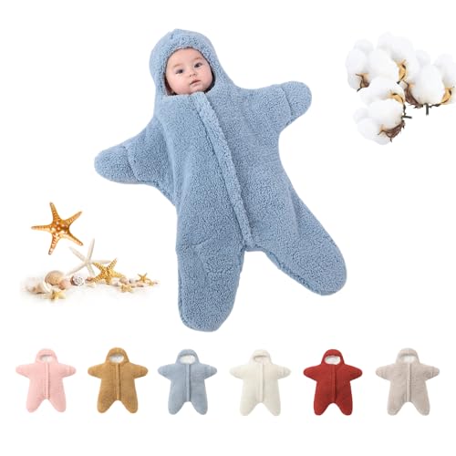Image of Baby Starfish Onesie, Thick Imitation Fleece Starfish Newborn Romper, Infant Footie Jumpsuit Winter Warm Outfits(Blue,0-2 Months)